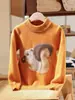Suéter de Lã Pura para Meninos e Meninas, Mesmo Estilo, Suéter Pulôver Jacquard com Gola Alta Meia-Boca Espessa de Sete Pontos com Bordado de Esquilo Cartoon