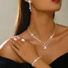Conjunto de Anillo, Pendientes, Collar y Pulsera de Zirconia en Forma de Gota Transfronterizo, Cadena de Garra Doble Capa Súper Brillante de Moda para Clavícula para Mujeres