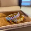 Anel Retro Francês Trevo de Quatro Folhas Dopamina Moda Luxo Leve Diamante Colorido Anel de Tira Jardim Monet Anéis