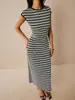 Vestido Largo Casual de Moda Europeo y Americano Transfronterizo para Mujer, Estándar de Amazon, Bloques de Color, Rayas, Cintura ceñida, Cuello redondo, Manga corta
