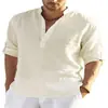 Camisa Casual Masculina de Algodão Puro Cor Sólida Manga Longa Camisa Solta Gola Alta Tendência em Estoque