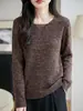 Outono/Inverno 2026 Novo Tricô Gola Redonda com Fio de Pelo de Guaxinim Manga Longa Feminino Vazado Solto Pulôver Camisa Base