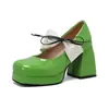 Sapatos Femininos de Comércio Exterior, Salto Alto, Sapatos Mary Jane Femininos de Couro Envernizado Coloridos com Laço, Sapatos de Salto Grosso Estilo Gentil