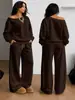 Nuevo Conjunto de Dos Piezas Holgado Europeo y Americano Hombros Descubiertos Otoño e Invierno para Mujer Color Sólido Básico Casual Manga Larga Conjunto Estación Independiente No