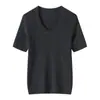 Camiseta de Punto Fina de Lana Nueva para Mujer, Primavera y Otoño, Cuello en U, Manga Corta, Color Sólido, Corte Delgado, Camiseta Básica