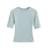 Blusa Pequena de Gola Redonda e Manga Três Quartos para o Verão Meninas Quentes Sexy Cintura Fina Emagrecimento Curta Cor Sólida Ombro Direito Emagrecimento Mangas Curtas