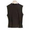 Camiseta sin mangas de cuello alto a media altura de Tencel y lana, estilo de fila simple, top drapeado amigable con la piel, elegancia francesa minimalista