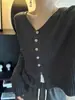 Cárdigan de Punto de Cuello V de Alta Gama Estilo Coreano para Mujer, Diseño de Primavera/Otoño, Chaqueta Corta Holgada