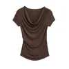Miles de dólares viento soplando cuello usar más camiseta de manga corta verano nuevo corte ajustado cintura fruncida ceñidor de cintura color liso top básico chica hot mujer