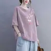 Camiseta de Manga Curta Estilo Chinês Novo para Comércio Exterior Transfronteiriço, Blusa Solta Plus Size para Mulheres Curvilíneas, Esconde a Barriga, Efeito Emagrecedor