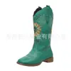 Botas de Caballero Altas Bordadas con Girasol Vintage para Mujer, Estilo Europeo y Americano, Punta Redonda, Tacón Grueso, Botas Largas