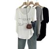 Roupa de Verão Roupa de Maternidade para Gordinhas Camiseta de Algodão Puro com Letras Decote U Grande Manga Curta para Mulheres Estilo Preguiçoso de Verão com Aparência Solta e Emagrecedora
