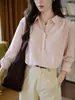 Camisa de Lino Tencel Rosa para Mujer Otoño Solapa Botones Caída en los Hombros Mangas de Dos Maneras Top de Temperamento para el Trabajo