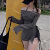 Blusa Conservadora de Manga Larga con Protección Solar Estilo Ins Traje de Baño de Tres Piezas Dividido para Mujer Aspecto Adelgazante y Cubriendo Ligeramente la Piel Transparente Baño Termal Verano