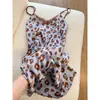 Estilo Chica Caliente Deseo Puro Estampado de Leopardo Ribete de Encaje Camisón de Seda Helada para Mujer Verano Sexy Espalda Descubierta con Tirantes Ropa de Casa Ropa de Dormir Verano