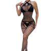 Roupa íntima sexy de malha transparente sexy transfronteiriça para adultos, macacão com decote cruzado e abertura na virilha, alças vazadas