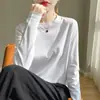 Camiseta de Manga Longa Dupla Face de Algodão Mercerizado para Primavera e Verão Feminina, Gola Redonda, Algodão Puro de Fibra Longa, Top Soltinho de Algodão Penteado, Camiseta Base
