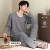 Pijama popular para hombre, algodón puro, cuello redondo, manga larga, a rayas, talla grande, adecuado para primavera y otoño, se puede usar afuera, conjunto de ropa de casa para hombre
