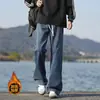 Jeans estilo americano de perna reta com forro de fleece para homens, calça grossa para outono e inverno, marca de moda unissex high street, corte solto, tamanho grande