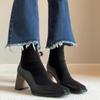 Botas elásticas delgadas marrones retro francesas con empalme para mujer con punta cuadrada y cremallera trasera, botas cortas de tacón alto para personas pequeñas, botas calcetín