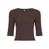 Camiseta de manga media para mujer, cuello cruzado, estilo europeo y americano, corte ajustado, escote en V pronunciado, diseño básico de punto liso, elegante y estilizante.