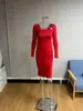 Vestido de verano para mujer, cruzado europeo y americano, cuello cuadrado rojo, manga larga, corte ajustado, sin espalda, bodycon adelgazante, vestido de fiesta