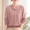 Camiseta de punto de otoño y primavera para mamá, holgada y elegante, para mujeres de mediana edad, suéter, camisa base con cuello para mujeres de mediana edad y mayores