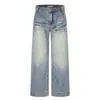 Calça jeans reta masculina lavada e com efeito desgastado, estilo de rua americano vintage com bolsos traseiros bordados, design solto de perna larga