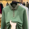 Camiseta de forro polar a rayas de manga larga, doble cara, para hombre, moda casual versátil de otoño, corte holgado, con cuello, ropa para hombre