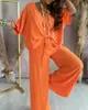 En Stock Transfronterizo Amazon Aliexpress Sitio Independiente 2026 Cuello en V Mangas Murciélago Casual Holgado Pantalones de Pierna Ancha Conjunto para Mujer