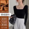 Camisa de cuello cuadrado con dobladillo de terciopelo negro de doble cara para mujer, ropa interior de mujer con forro polar, parte superior gruesa y cálida, otoño e invierno, nueva, manga larga, corte ajustado