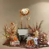 Escena de decoración de escaparate de tienda de ropa con flores de otoño, juncos, hierba y flores secas para una transmisión en vivo con temática femenina