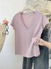 Camiseta de Manga Corta Fina con Cuello en V Estilo Europeo y Americano Disparo Real para Mujer Verano 2025 Nuevo Estilo Holgado Perezoso Algodón Copo de Nieve Manga Media