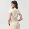 Top de Malha Fitness Peça Única Alta Elasticidade Justo para Mulheres Sem Costura Gola Redonda Camiseta de Yoga Pilates Indoor Emagrecedor Manga Curta