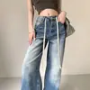 Figura petite estilizada, entallado a la cintura, forma de pera, jeans de mezclilla fluidos con diseño de cordón retro americano, jeans versátiles