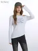 Camiseta Heyhenry Estilo Americano Cuello Diagonal Asimétrico Ceñida a la Cintura de Manga Larga para Mujer, Top Corto Sexy de Hombros Descubiertos Ajustado para Primavera