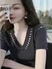 Estilo Verão Novo Retrô Chique Tricô de Manga Curta para Mulheres, Bonito, Ajustado ao Corpo, Leve, Blusa para Trabalho