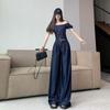 Traje de mezclilla azul oscuro de dos piezas con sentido avanzado transfronterizo, estilo callejero frito, rejuvenecedor, nuevo, temperamento retro, ajustado, 2025