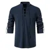 2024 Amazon Camisa Henley Masculina de Manga Longa com Cadarço e Decote em V Cor Sólida Algodão Linho Solta Casual Camisa de Colarinho Masculina