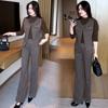 Traje de Moda para Mujer Otoño Nuevo Elegante Chaleco Camisa Base de Cuello Semi-Alto Pantalones de Pierna Ancha Conjunto de Dos Piezas