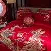 Set de Boda de Algodón con Bordado de Dragón y Fénix Juego de Varias Piezas Habitación de Boda Set de Cuatro Piezas de Algodón de Fibra Larga Ropa de Cama Festiva Roja para Boda