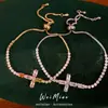 Pulsera extensible de cruz con circonita chapada en oro real de 18 quilates, pulsera de nicho de lujo ligero, joyería de estilo coreano de alta gama