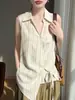 Nuevo Chaleco Cardigan sin Mangas para Mujer Primavera/Verano 2026 de Tencel y Lino con Cuello Polo Bloque de Color Cintura con Cordón de Amarre Top