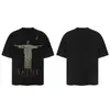 Saint Vintage Streetwear Americano Suelto Camiseta de Manga Corta Vintage Estampada para Hombre Letras Cara Grande Creativa