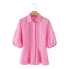 Ropa de Mujer Transfronteriza Verano 2026 Estilo Europeo y Americano Moda Ajustada de un Solo Botón Ceñidor de Cintura Cuello Solapa Manga Abullonada Camisa para Mujer M87026