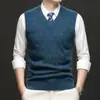 Colete masculino 100% lã para outono e inverno, casual, para meia-idade e idosos, gola V, colete suéter quente, camisa base para homens 285