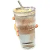 Taza de Vidrio de Gran Capacidad de Moda con Tapa y Popote, Vaso de Agua con Raya Vertical, Vaso de Vidrio con Raya Vertical para Bebidas Frías, Vaso para Jugo, Taza de Café