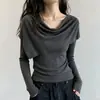 Suéter tejido simple y elegante estilo coreano para mujer, único y exquisito, con cuello drapeado y diseño de chal, top ajustado A14041
