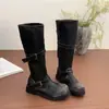 Botas de Motocicleta Gruesas para Mujer Estilo Ropa de Trabajo, Estilo Callejero Vintage, Aspecto Desgastado, Botas Largas Debajo de la Rodilla, Botas Altas, Estilo Chica Picante, Marrón