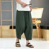 Calça esportiva leve e respirável de algodão e linho, moderna, corte solto, calça cropped de perna larga plus size para o verão, calça harém masculina estilo chinês